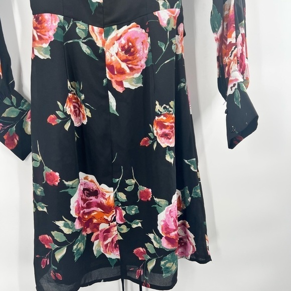 Everly Womens Pink Black Floral Long Sleeve Dress With Lace Up Waist Size S - Picture 6 of 10